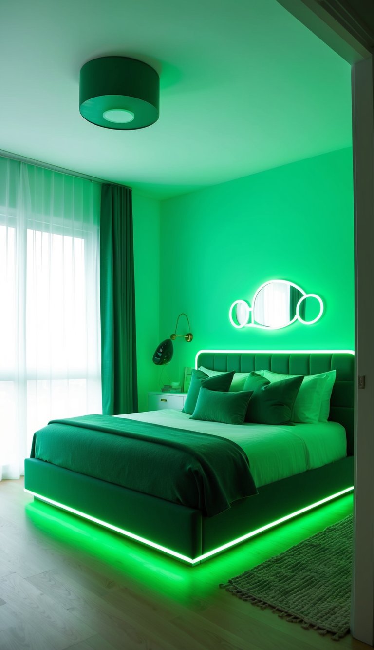 Neon green LED lights illuminate a modern bedroom with 23 green-themed decor ideas