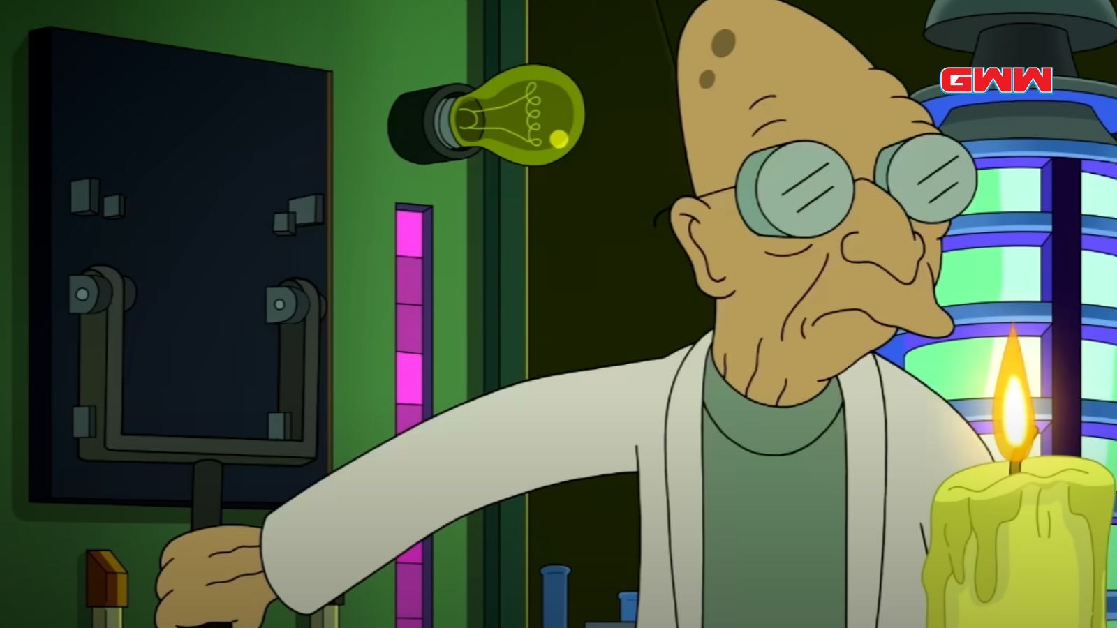 Professor Farnsworth conducting an experiment in his lab.