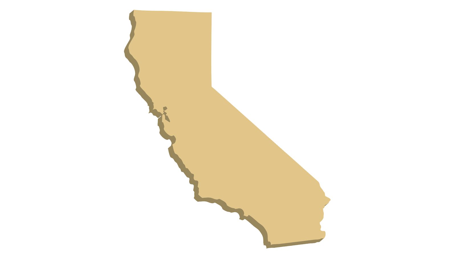 A map of California has a light beige main color and a small dark shadow.