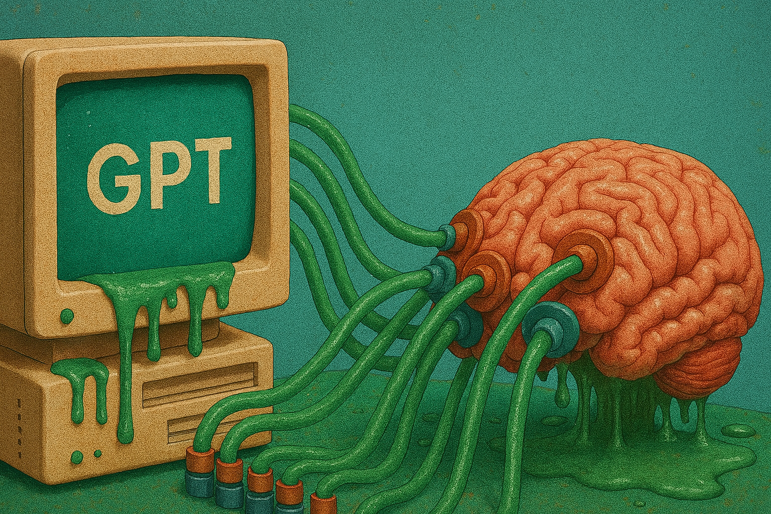 Brain melting out of a screen labeled AI, symbolizing cognitive overload from excessive chatbot use.

