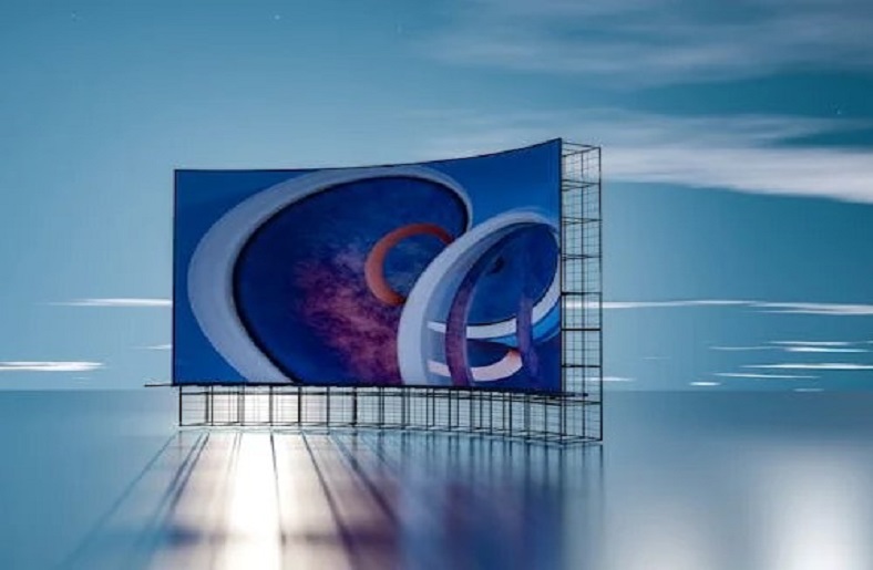 Large digital billboard displaying abstract art.