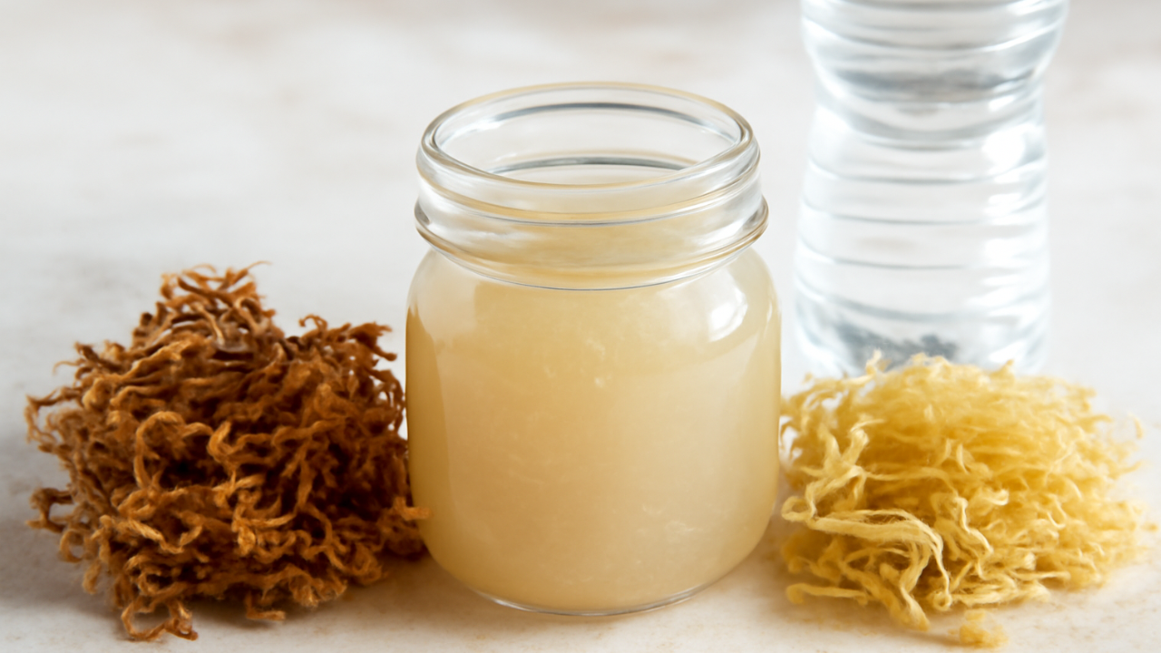 Jar of sea moss gel with dried sea moss and water