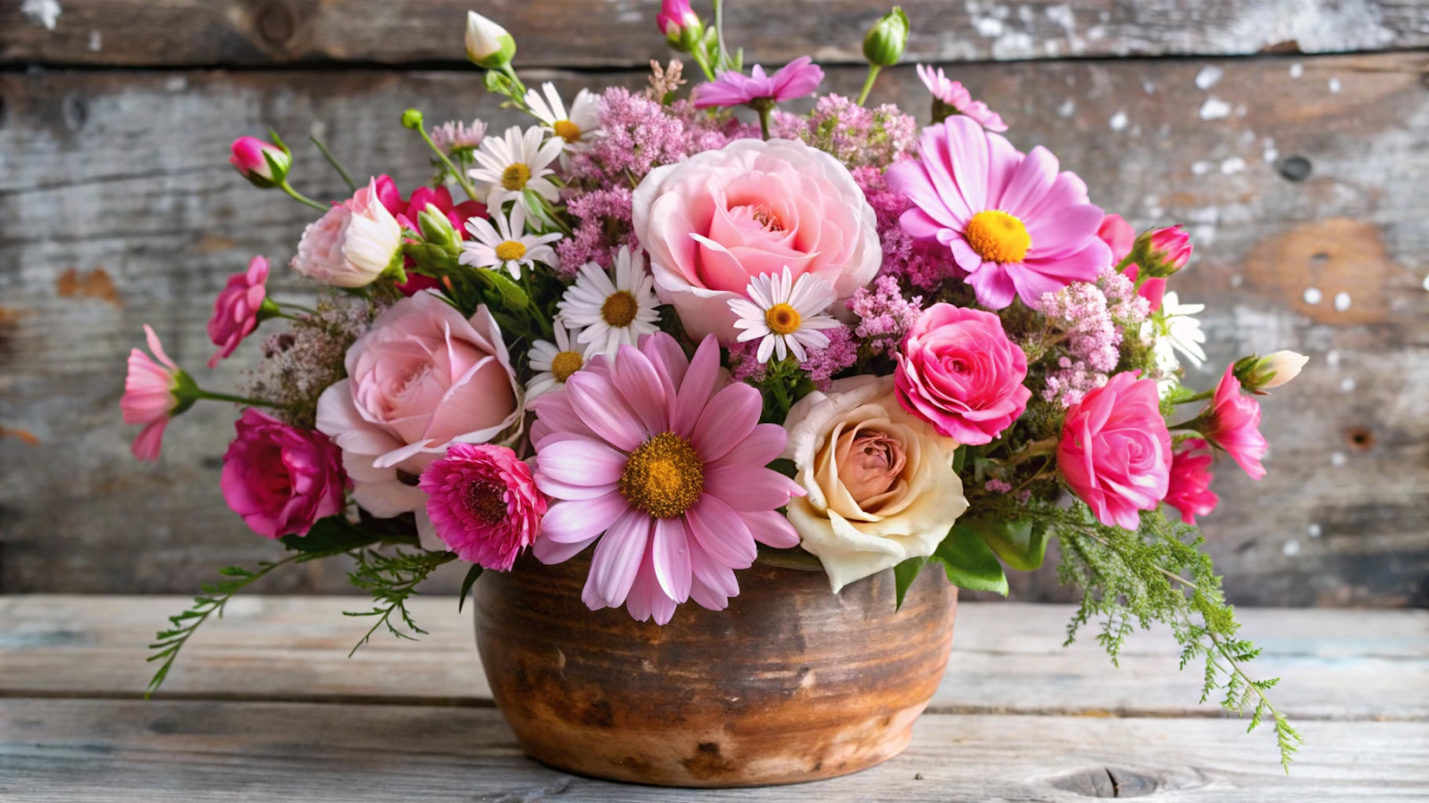 Arranjo floral de rosas, cosmos e margaridas cor de rosa em um vaso