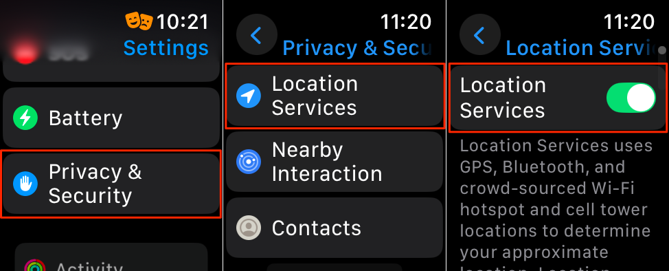 Steps to turn off Location Services settings on an Apple Watch