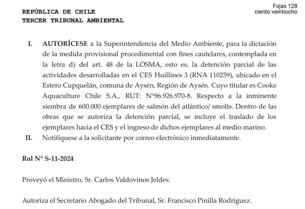 Resolución del Tercer Tribunal Ambiental que autoriza la paralización del centro Huillines 3 de Cooke. Fuente: Snifa.cl