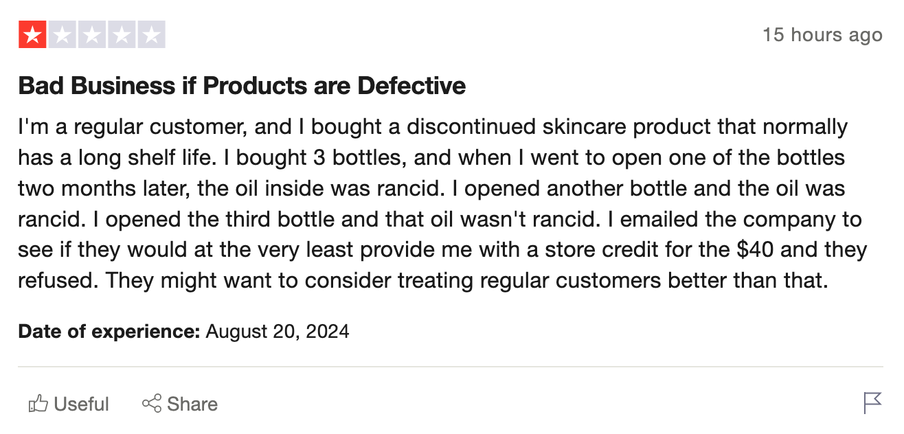 A representative example of a negative review for a B2C posted to TrustPilot, that requires urgent attention. 