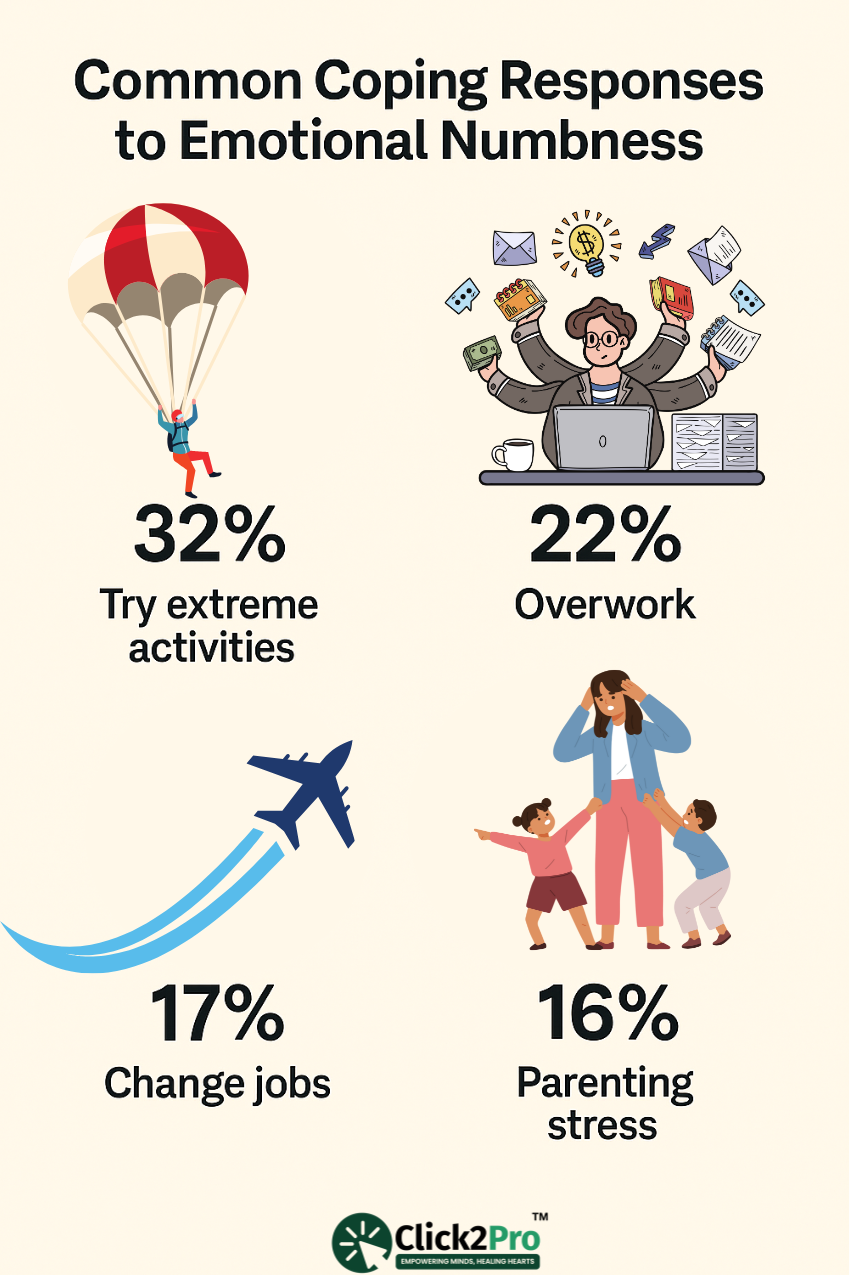 Chart showing common coping responses to emotional numbness including overwork and job changes.