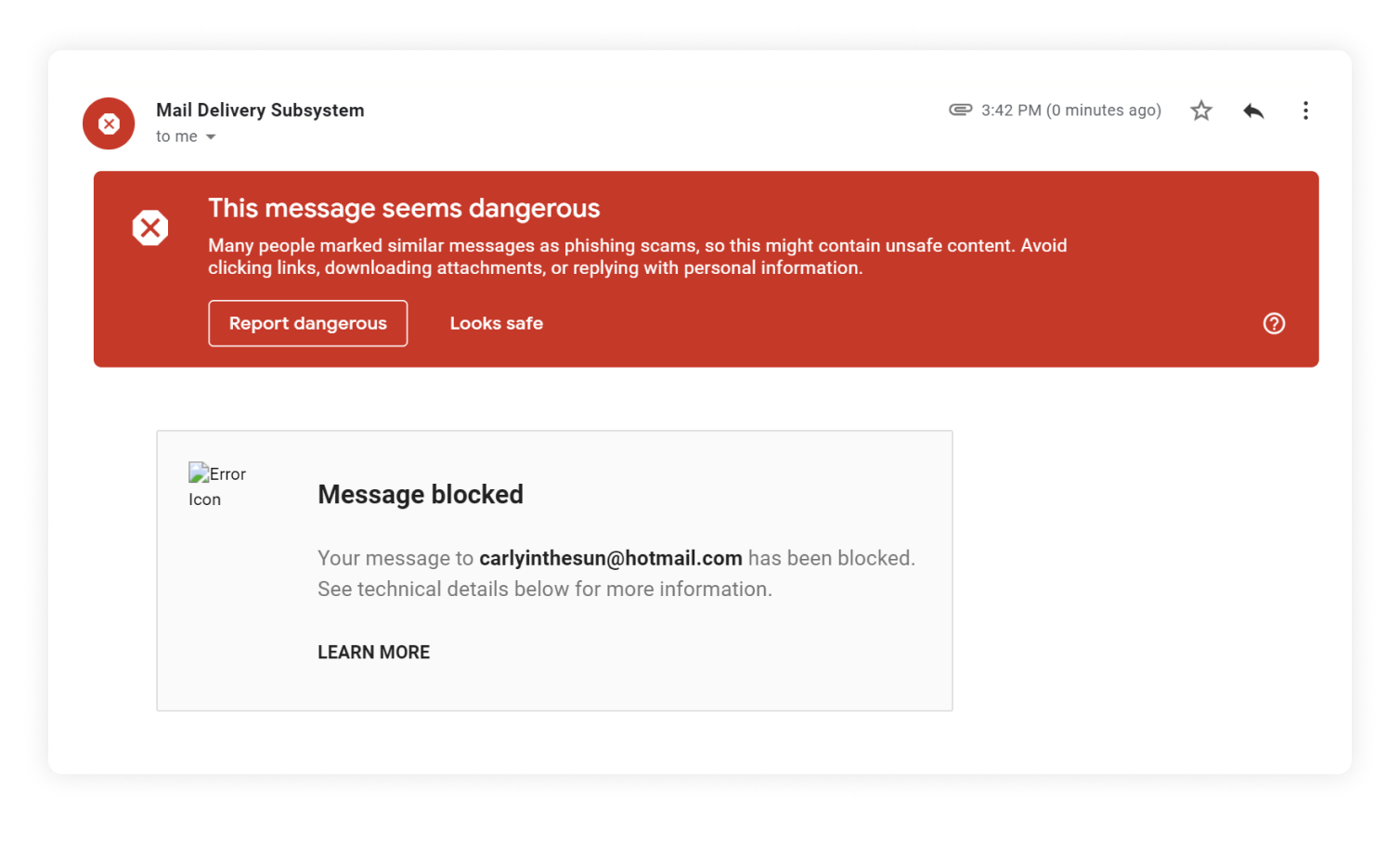 Przykład ostrzeżeń o&nbsp;wiadomościach ze spamem wyświetlanych przez dostawcę usług poczty e-mail
