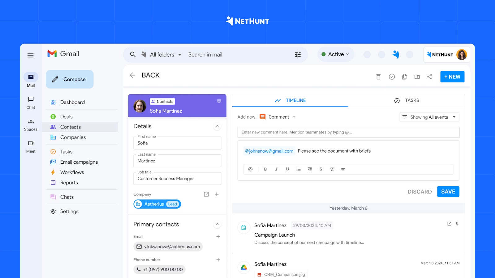 Customer record and Timeline in NetHunt Gmail CRM