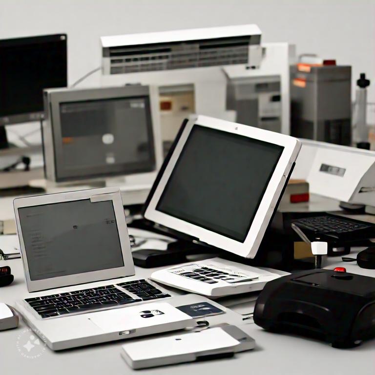 A group of computers on a table<br />
<br />
Description automatically generated