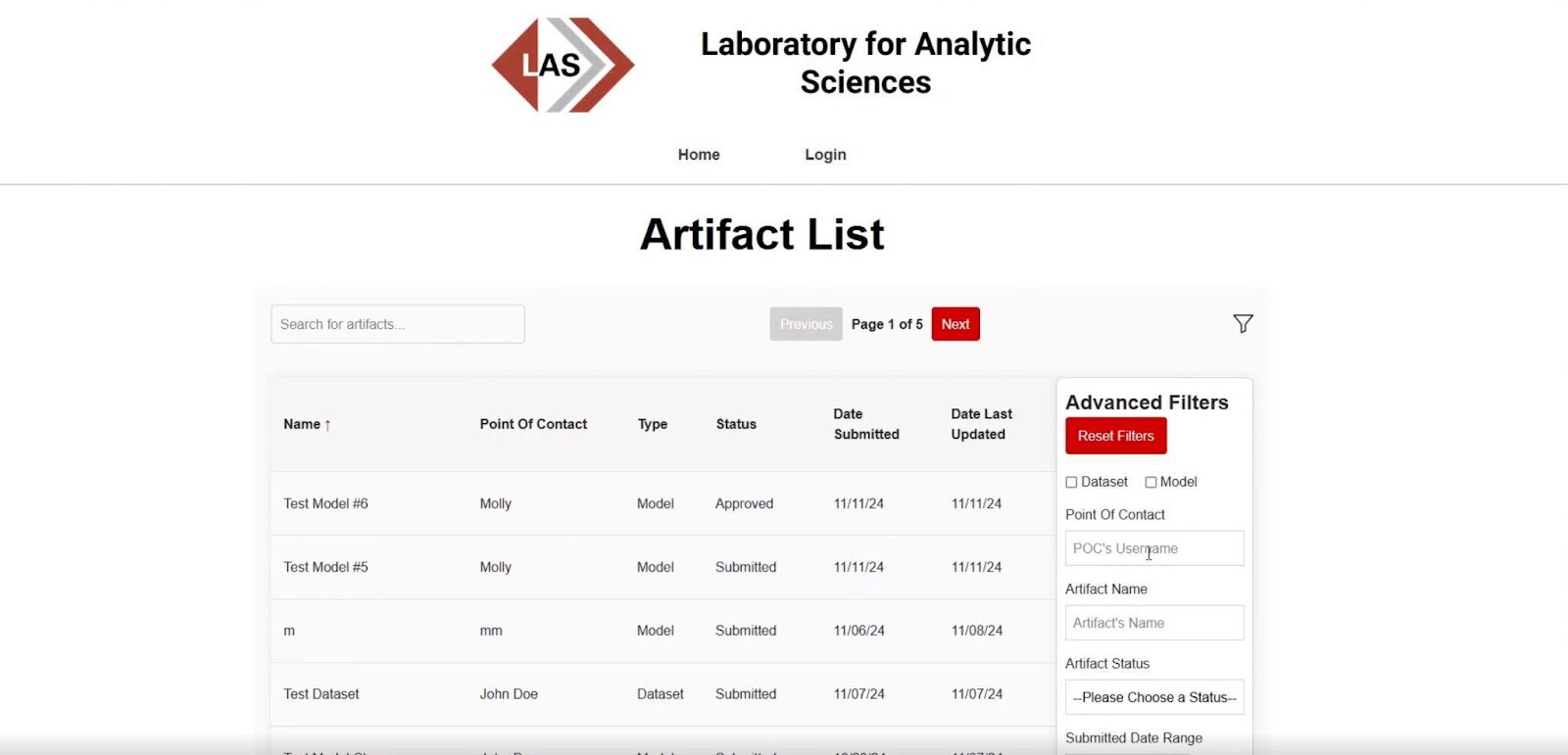 A screenshot of a web application showing a table of AI artifacts and their status.