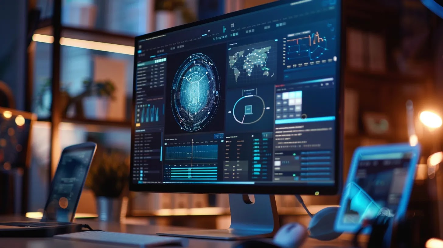 a futuristic web design workspace showcases an elegant, user-centric interface on a sleek monitor, illuminated by soft, ambient light, reflecting the seamless integration of voice search technology and ai analytics in enhancing online engagement.