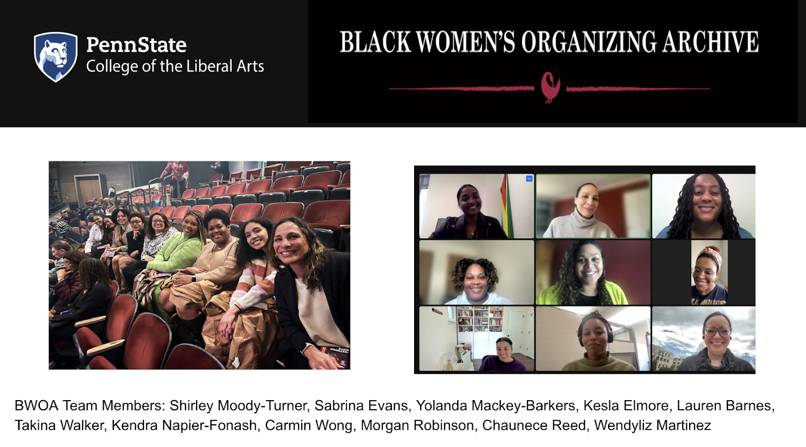 Group photo of the Black Women's Organizing Archive (BWOA): Shirley Moody-Turner, Sabrina Evans, Yolanda Mackey-Barkers, Kesla Elmore, Laura Barnes, Takina Walker, Kendra Napier-Fonash, Carmin Wong, Morgan Robinson, Chaunece Reed, Wendyliz Martinez.