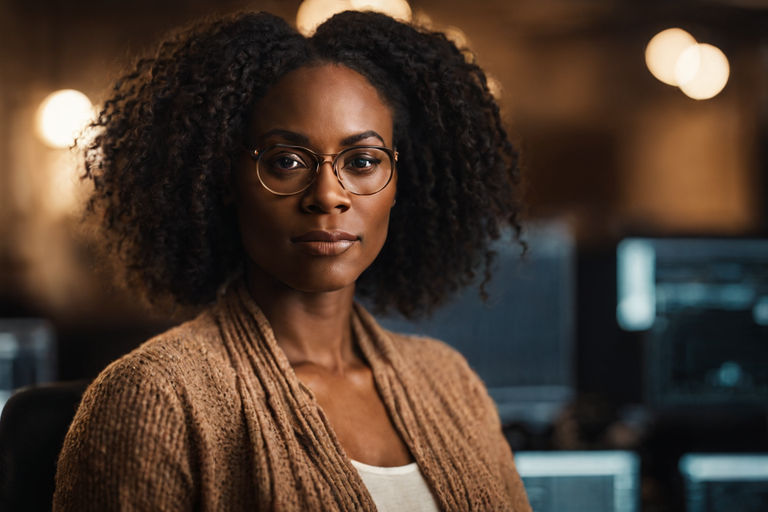 A woman's headshot in a futuristic technology headshot background setup