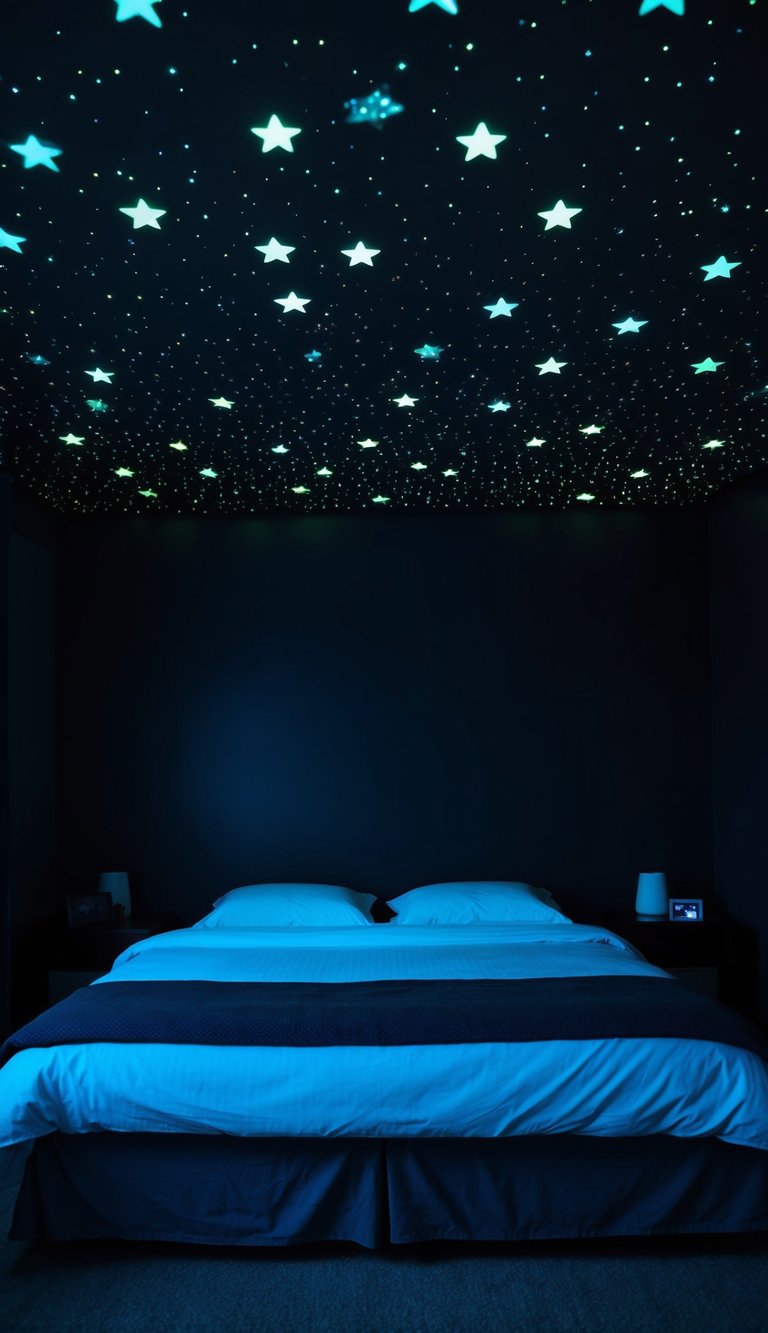 A dark bedroom with a ceiling covered in glow-in-the-dark stars