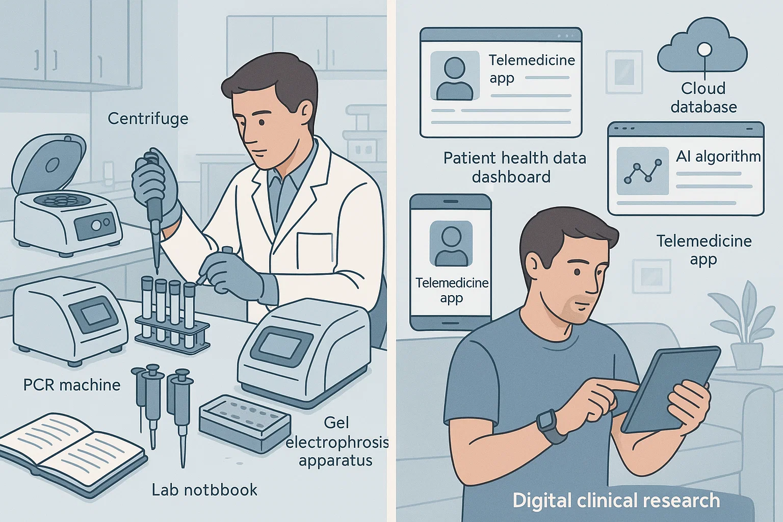 AI generated image showing the difference between the we lab research and clinical research.
