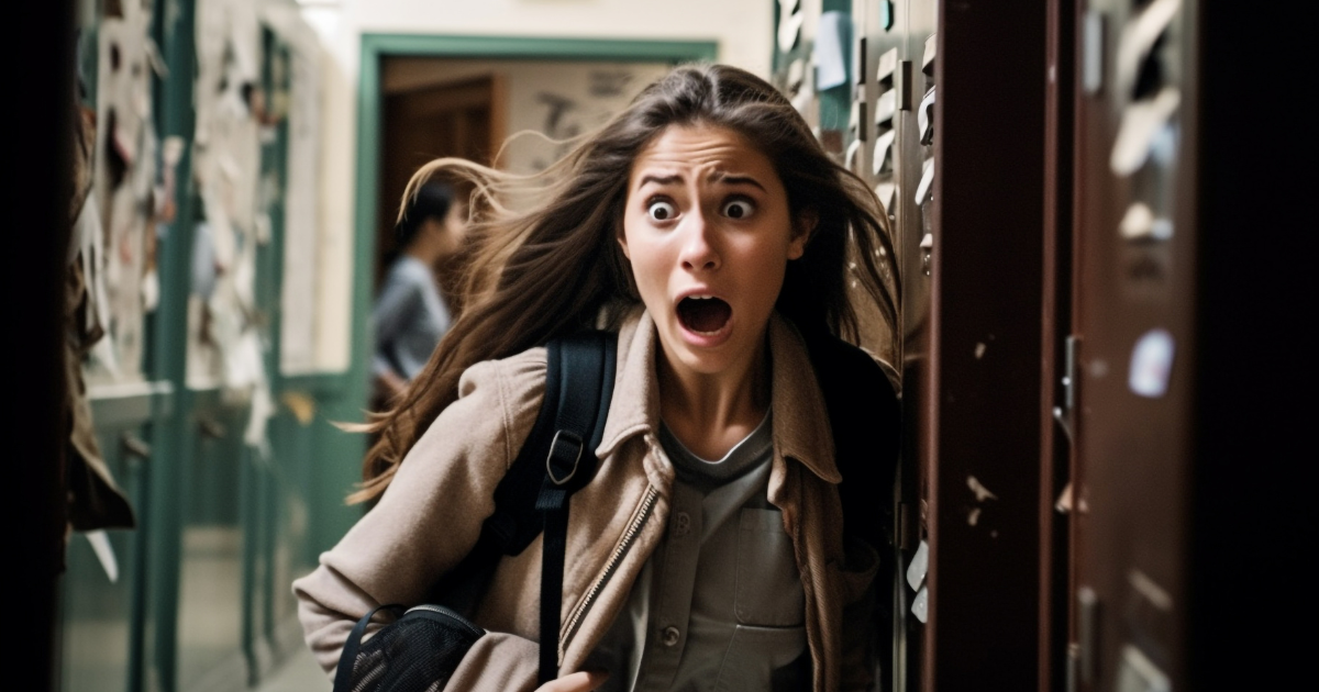 A young woman with wide eyes and an open mouth stands in a school hallway, visibly panicked as if caught off guard, her hair and jacket in motion suggesting sudden movement.