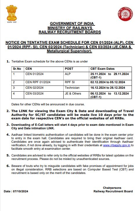 Railway RRB Exam Dates 2024