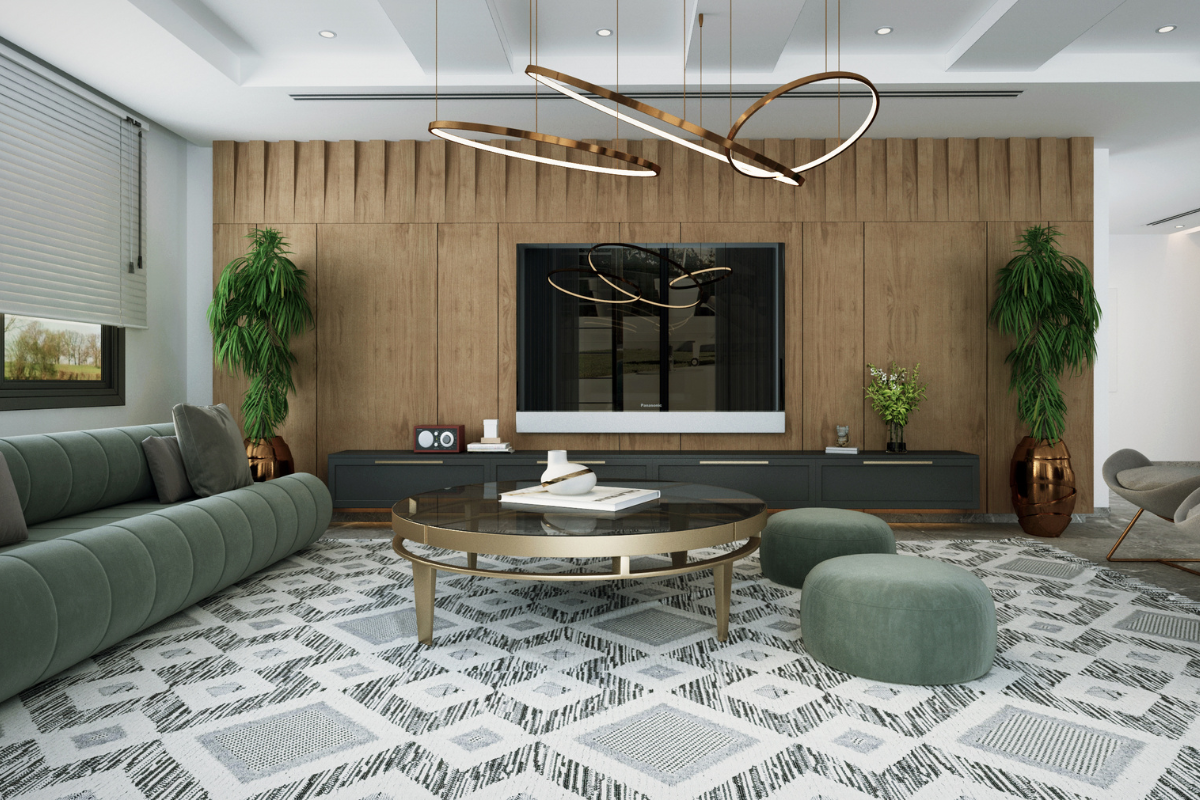 Bright living room with natural light, wooden wall panel, and modern olive green couch creating a warm atmosphere.