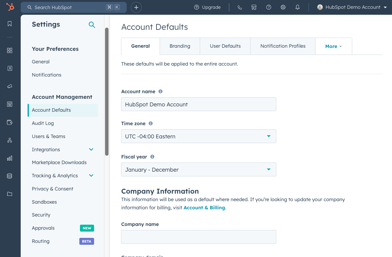 Where to edit Account Settings in HubSpot