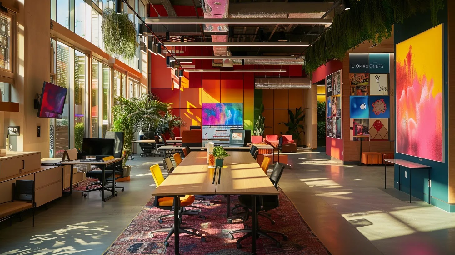 a vibrant and dynamic workspace adorned with colorful brand visuals and emotional imagery, reflecting the essence of identity and connection between an organization and its audience.