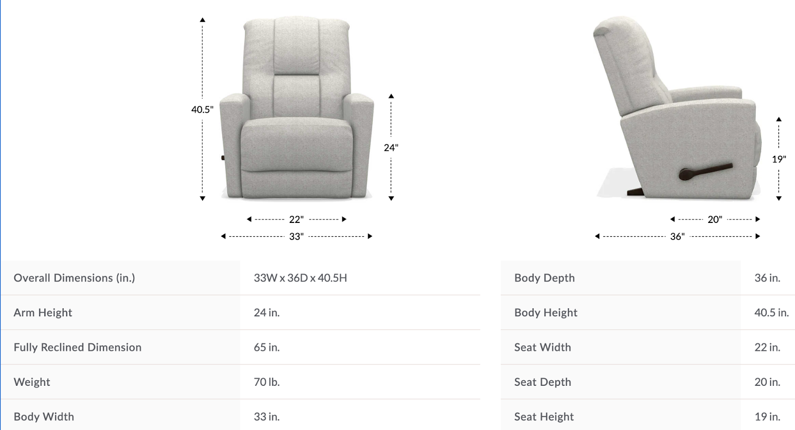 casey rocking recliner dimensions