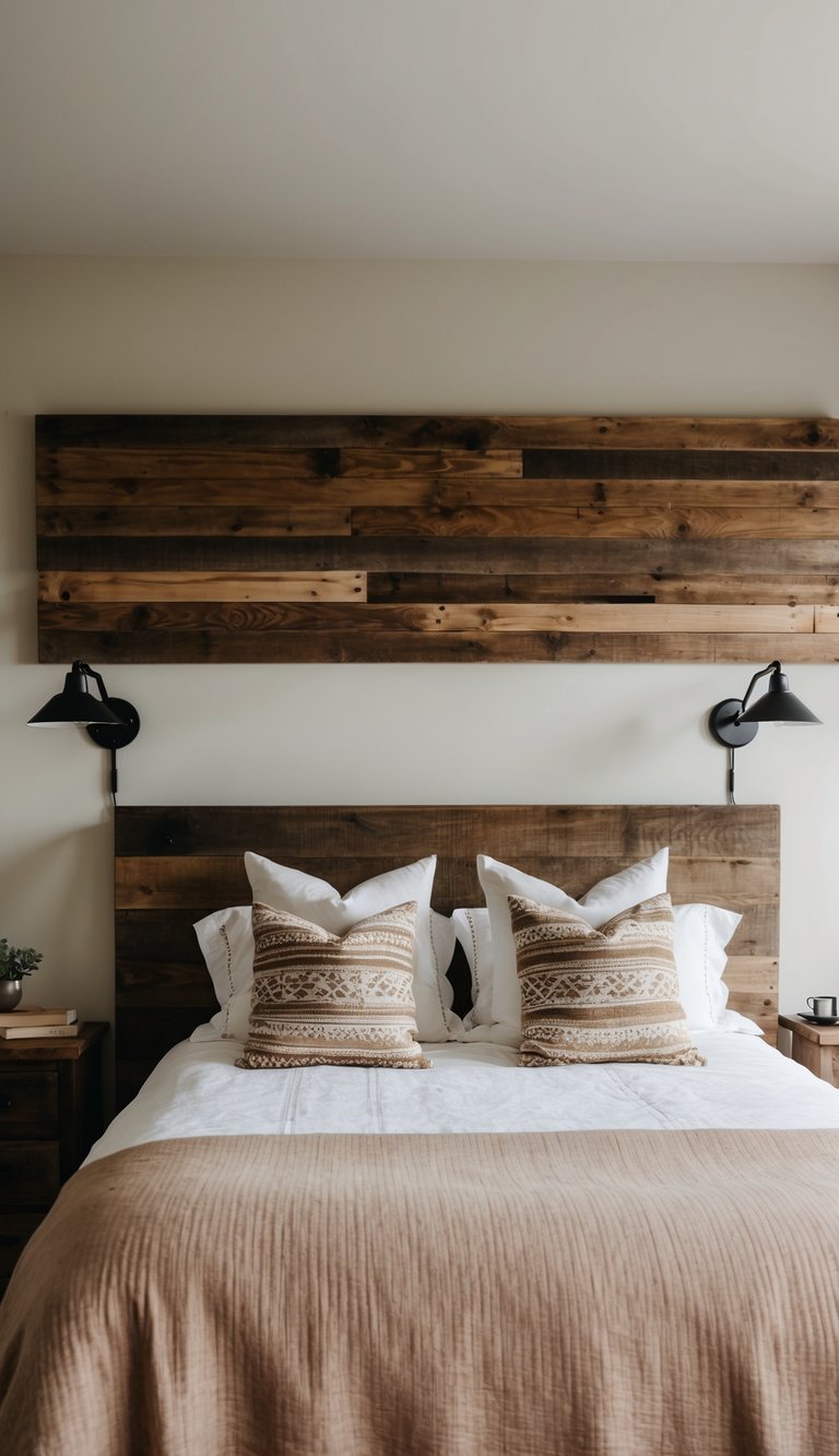 A cozy bedroom with a reclaimed wood headboard, soft lighting, and warm bedding