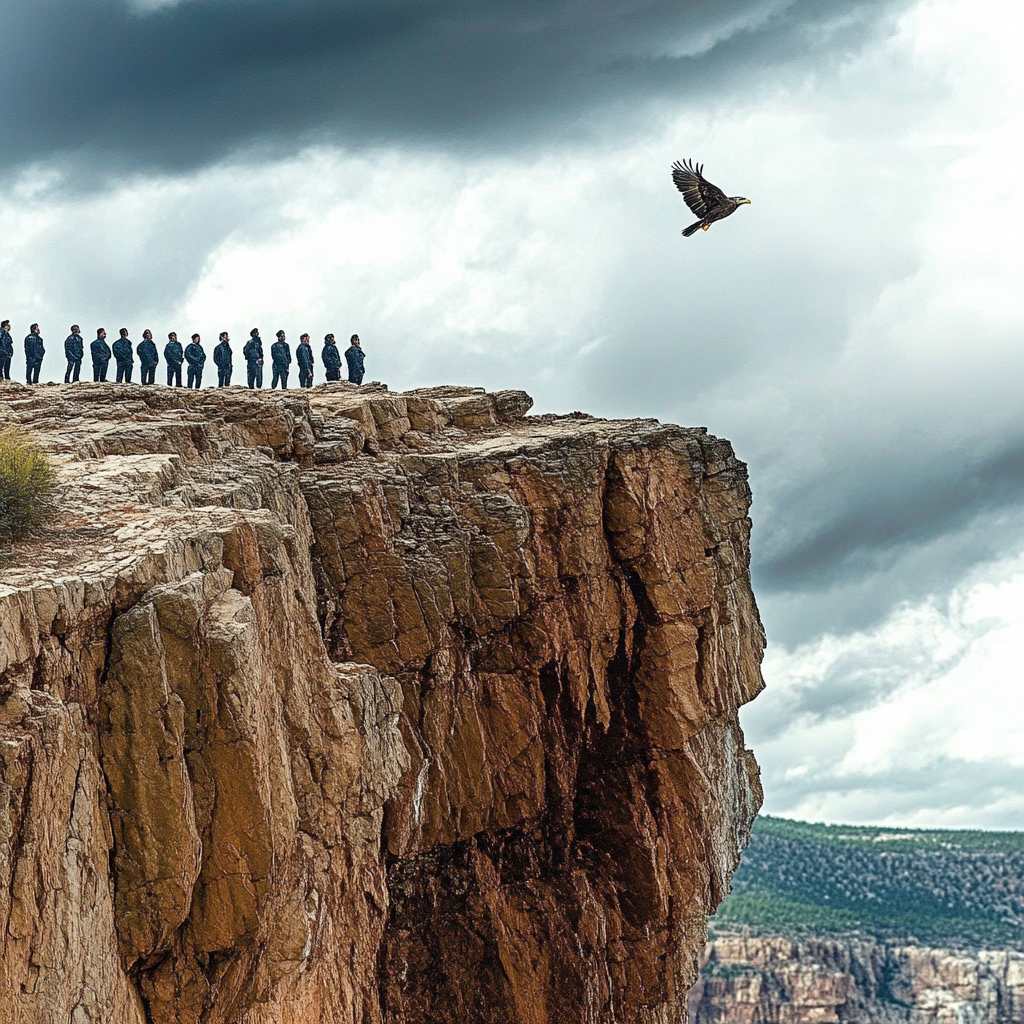 Successful leadership team standing on a cliffside watching a soaring eagle, symbolizing empowerment and inspiration achieved through leadership development assessments.