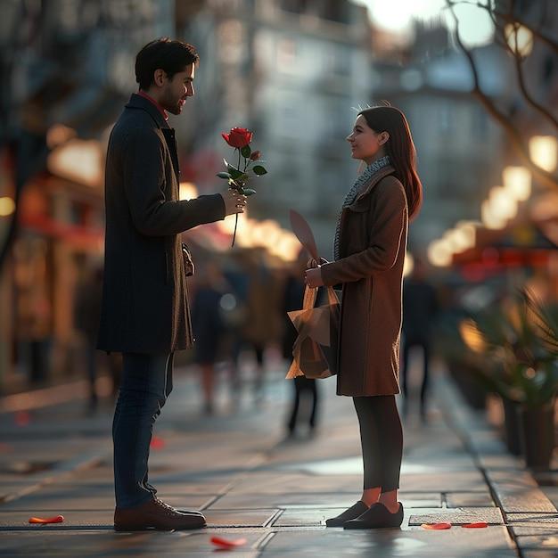 3d rendered photos of a beautiful couple boy proposing his girl with rose bouquet