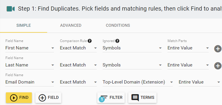 merge duplicate contacts with the same name and same email domain