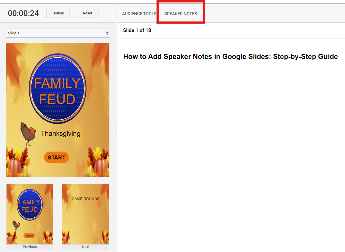 Presenter View in Google Slides with Speaker Notes highlighted.