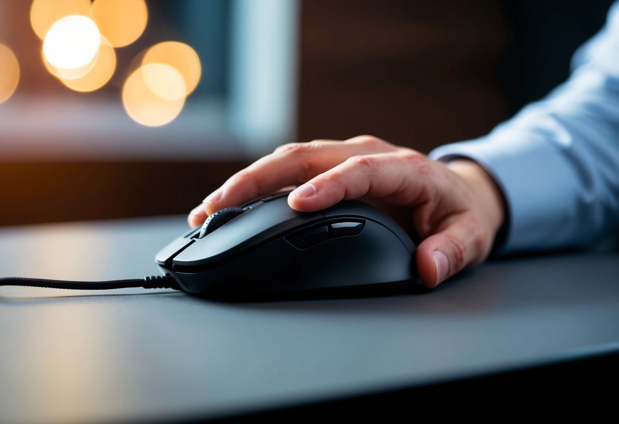 Uma mão descansando confortavelmente em um mouse ergonômico, dedos relaxados, com o mouse posicionado em uma superfície lisa e acolhedora para longas horas de uso preciso.