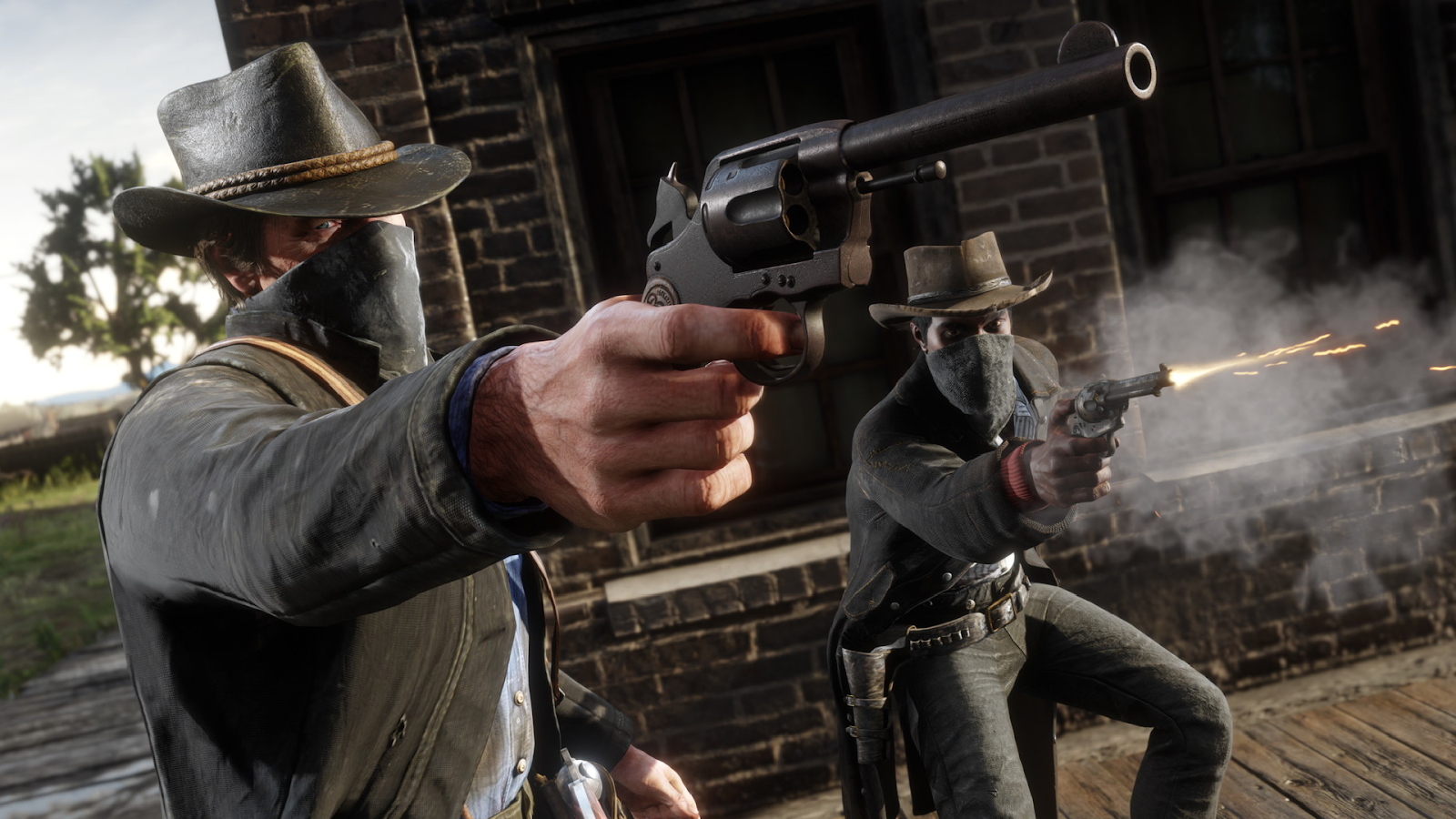 Screenshot of two outlaws in a gun fight in Red Dead Redemption 2.
