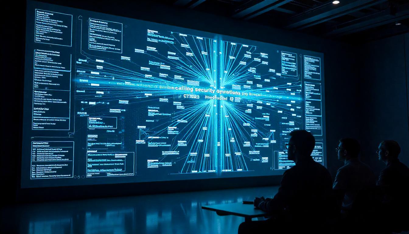 The captivating, dynamic visualization of interconnected data streams and security protocols displayed on the large screen in this image represents the scaling security operations MSSP, where a centralized, comprehensive platform can monitor and protect an organization's evolving digital infrastructure.