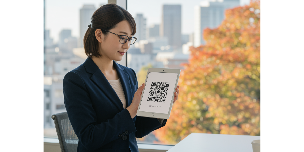 A woman showing a professional QR Code on her tablet device.