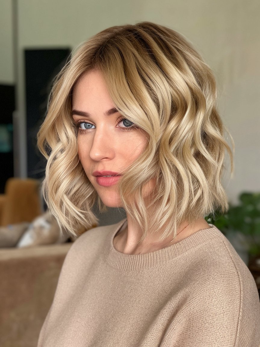 51. Honey Blonde Wavy Bob with Subtle Layers