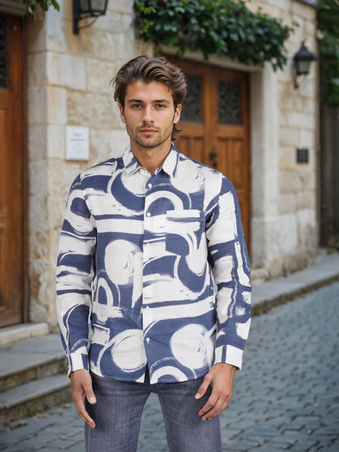 Navy Blue Printed Linen Shirt