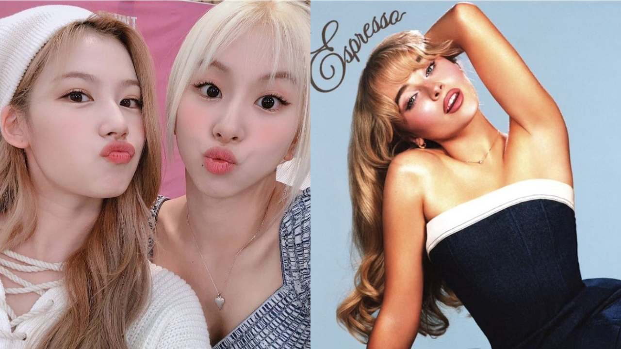 This contain an image of 
TWICE members Sana and Chaeyoung
and another picture of Sabrina