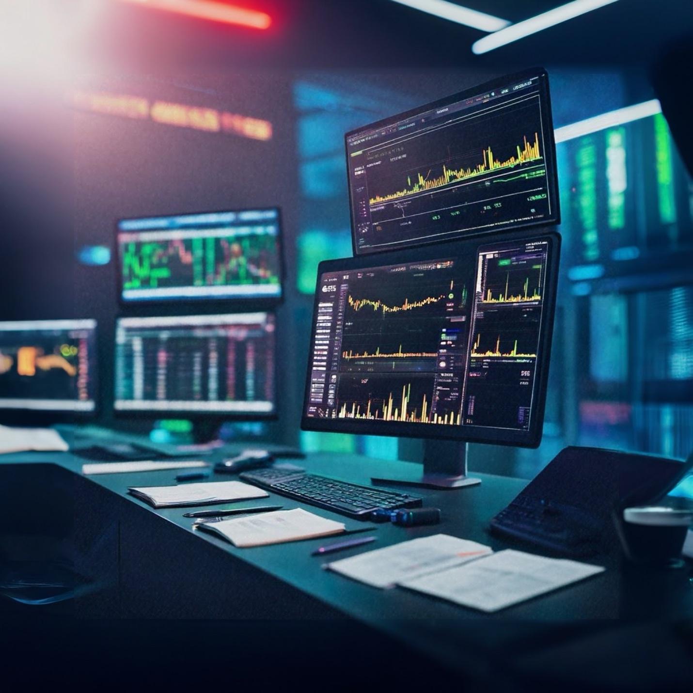 A desk with multiple computer monitors AI-generated content may be incorrect.