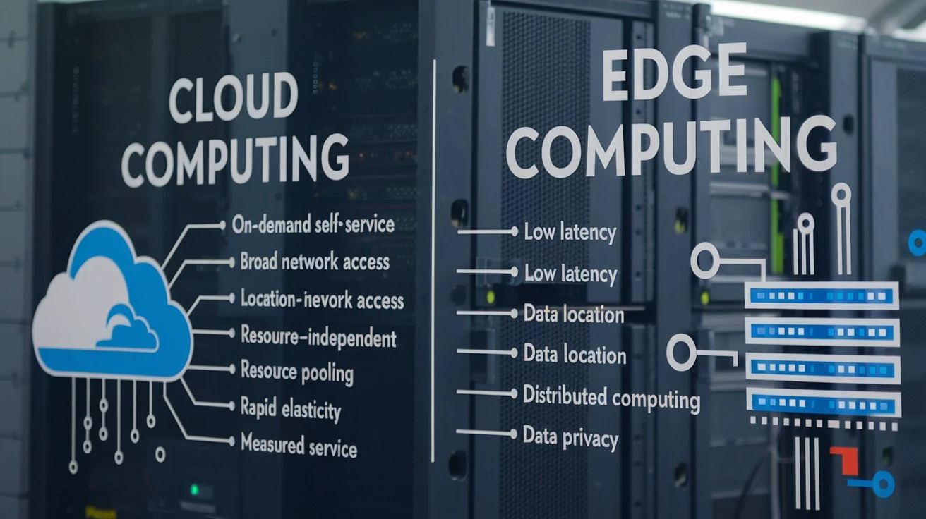 Diagram showing cloud and edge computing with their key features.