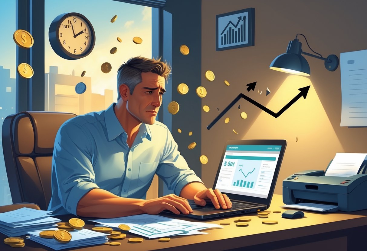 A small business owner looks worried at a desk with a laptop showing an error, surrounded by symbols of financial loss and inactive office equipment.