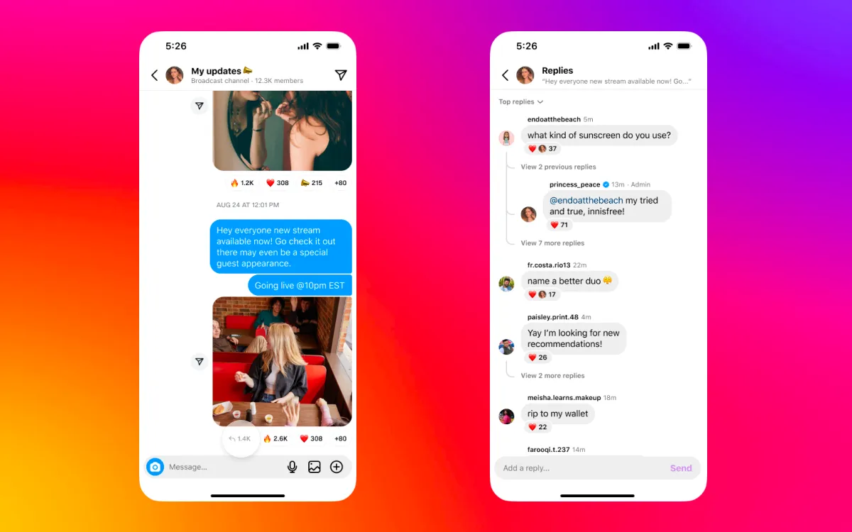 A screenshot shows how to turn on replies in the messaging center when you broadcast on instagram.