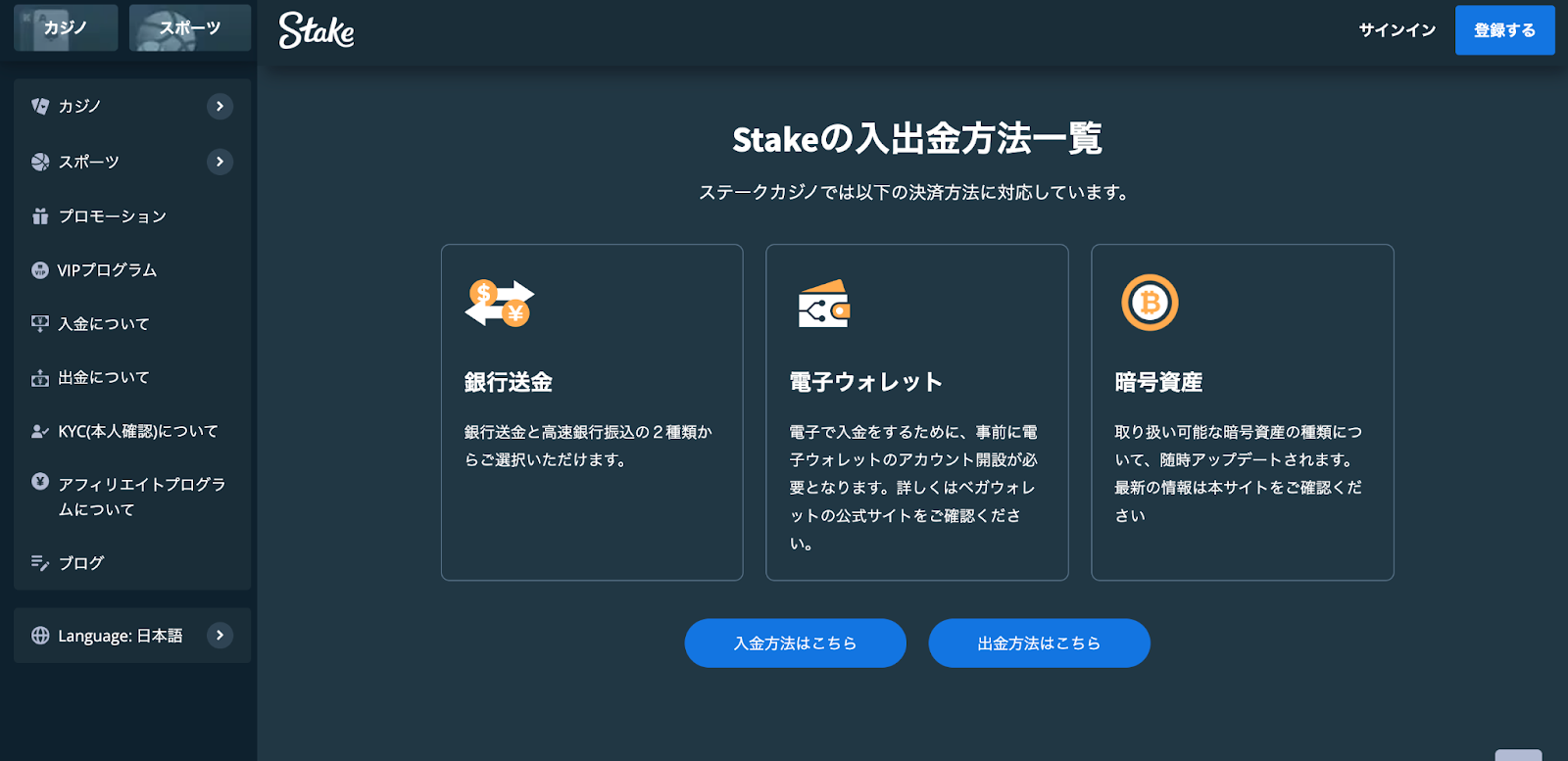 ステークカジノの入出金方法