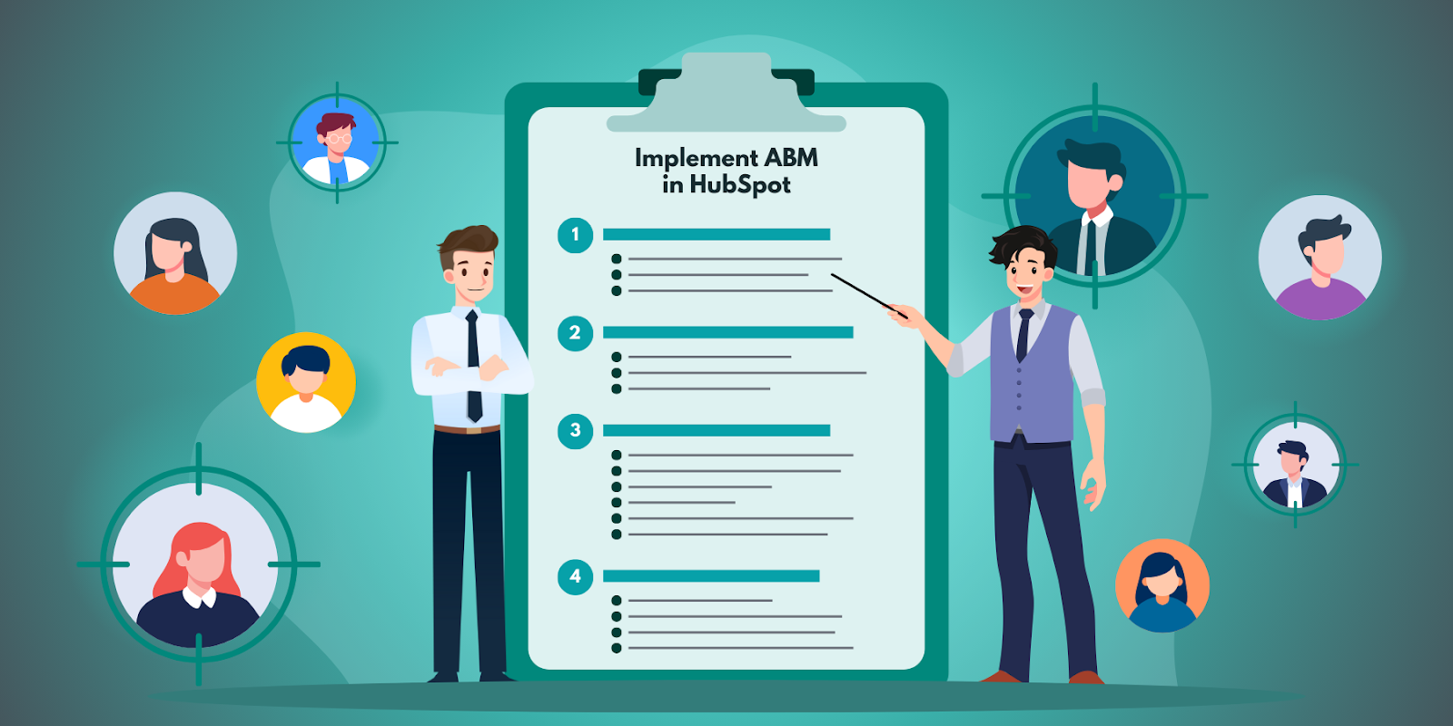 Two businessmen presenting and explaining the steps to implement account-based marketing using HubSpot CRM and HubSpot ABM Features.