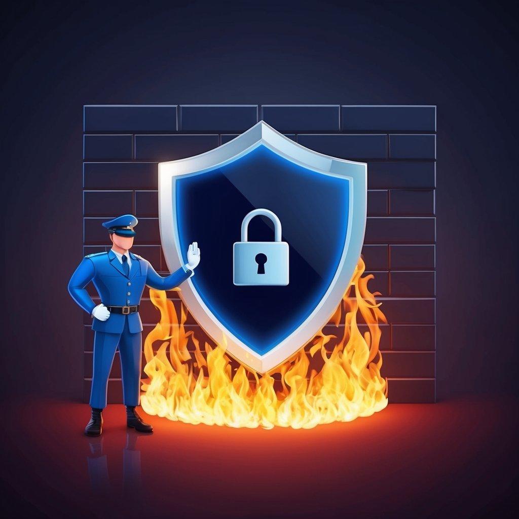 A digital lock with a shield icon, surrounded by a wall of fire and guarded by a vigilant virtual security guard