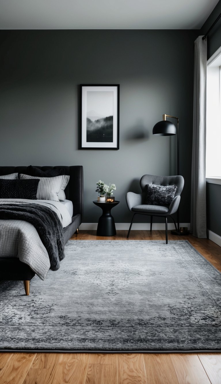 A smoke gray area rug anchors a modern bedroom with black and gray decor