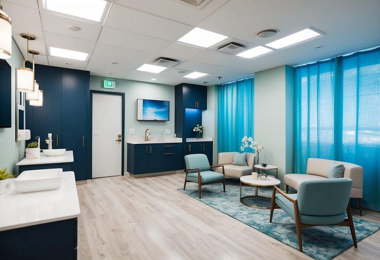 Aesthetic clinic with treatment rooms, consultation area, and recovery space. Medical equipment, comfortable seating, and calming decor