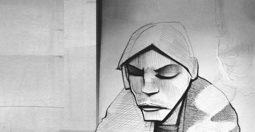 Cropped cover of Burial’s Untrue album, released in 2007 : monochrome drawing of Burial’s face, closed faced with headphones on and a cup of coffee on a table