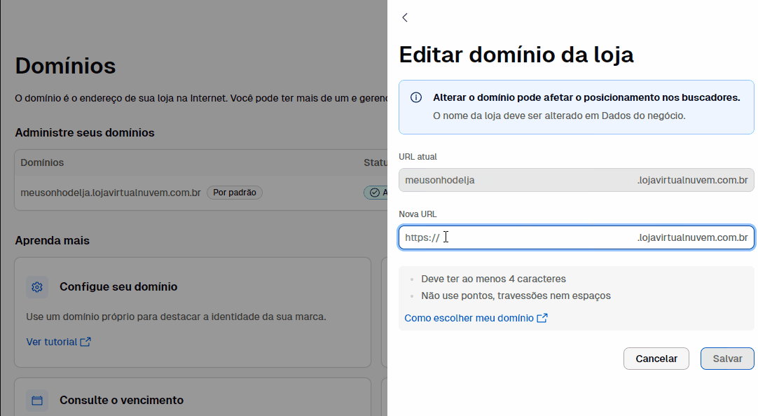 Como configurar domínio na Nuvemshop