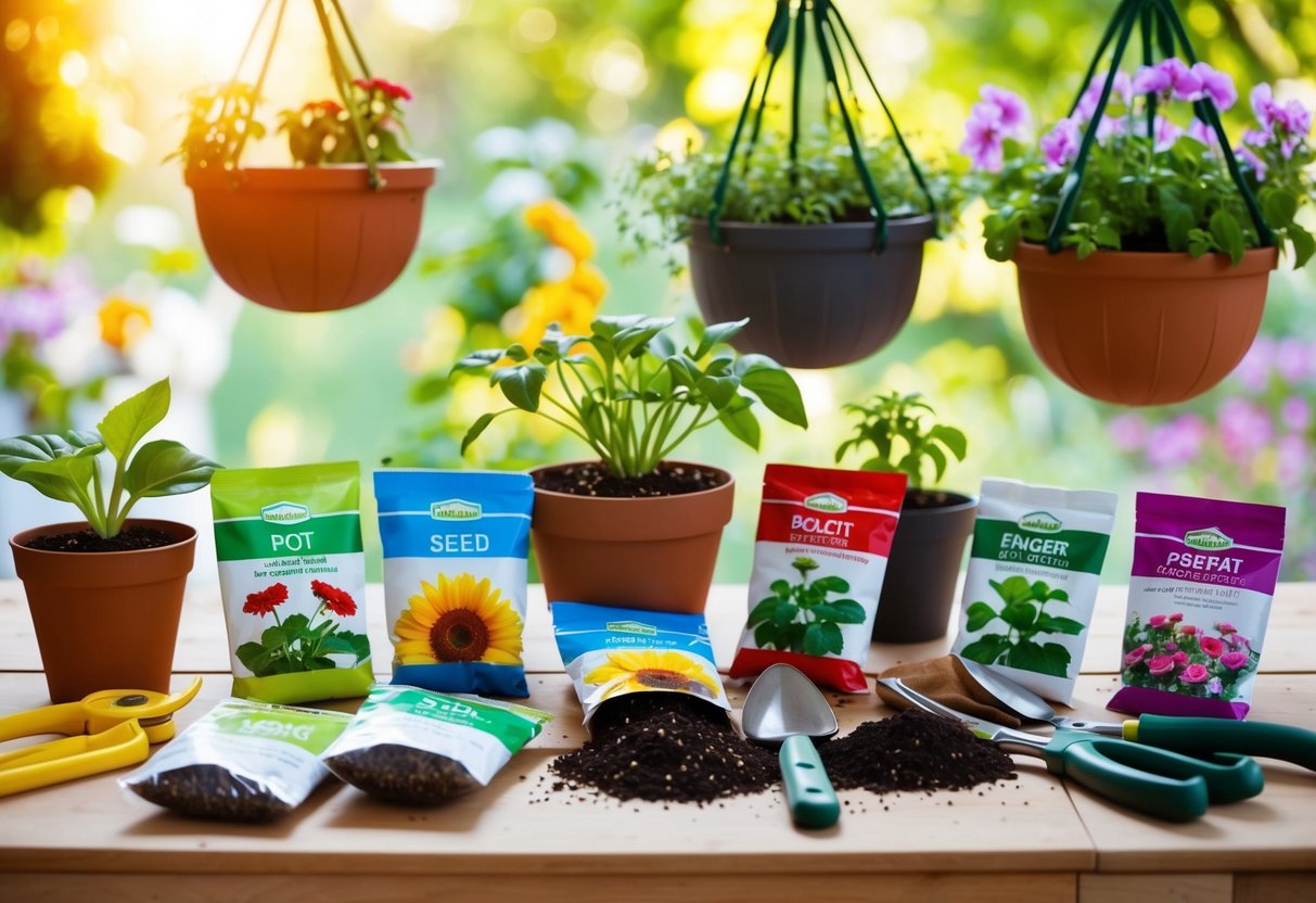 A table with various seed packets, pots, soil, and gardening tools laid out for planting hanging basket flowers